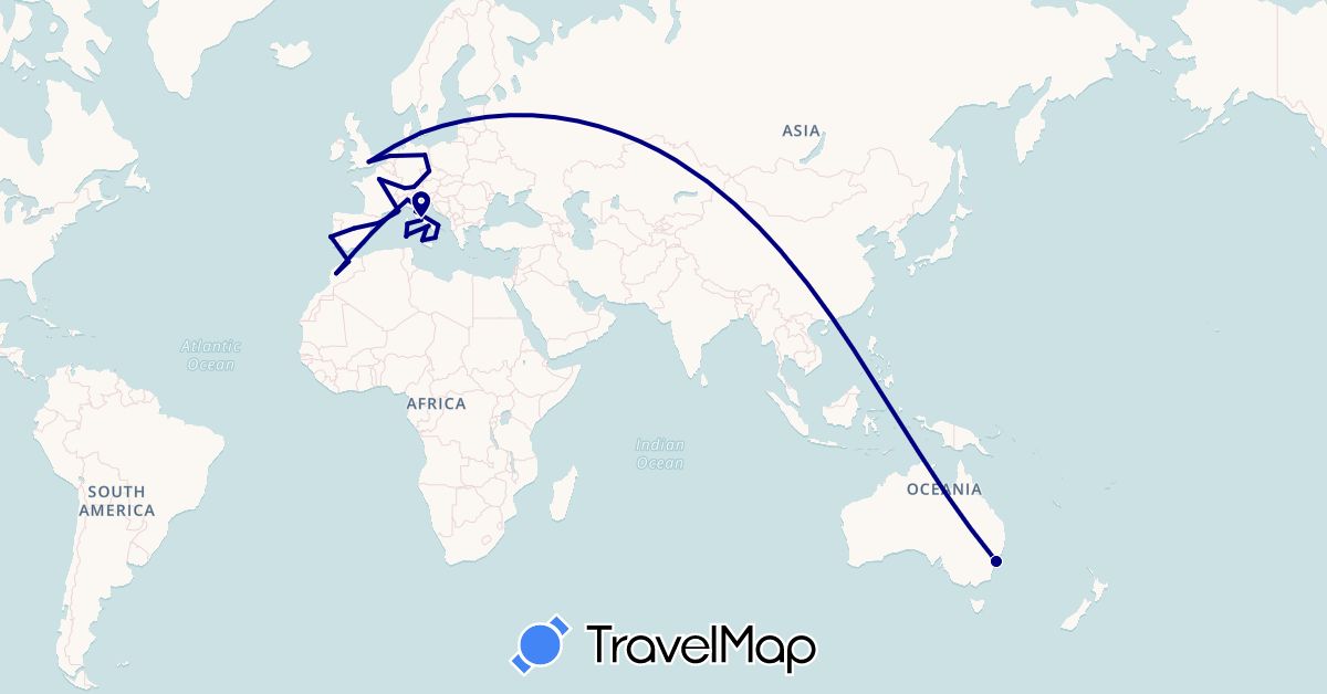 TravelMap itinerary: driving in Australia, Switzerland, Czech Republic, Germany, Denmark, Spain, France, United Kingdom, Italy, Morocco, Netherlands, Portugal (Africa, Europe, Oceania)